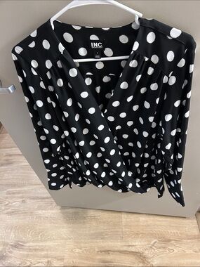 INC International Concepts Black and White Polka Dot Wrap Blouse